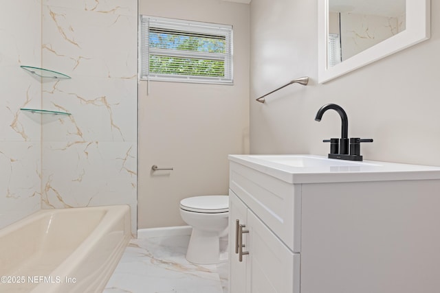 bathroom with vanity, baseboards, shower / washtub combination, toilet, and marble finish floor