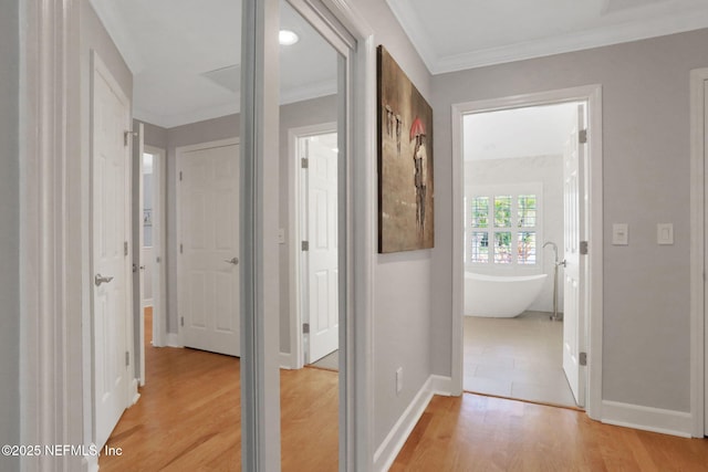 hall featuring crown molding, light wood-style flooring, and baseboards