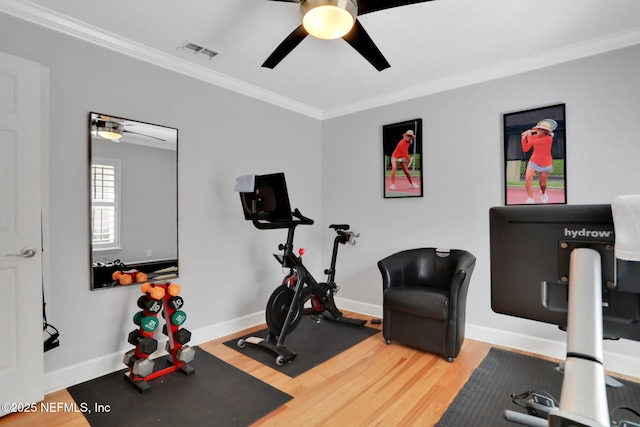 workout room featuring visible vents, a ceiling fan, wood finished floors, and crown molding