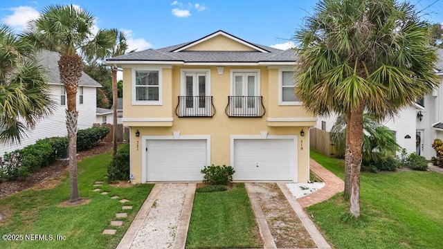 townhome / multi-family property featuring a front lawn, stucco siding, a balcony, a garage, and driveway