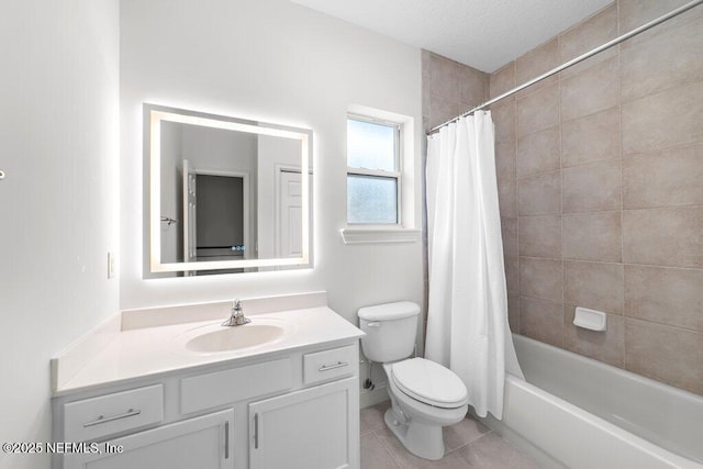 full bath with toilet, shower / tub combo with curtain, vanity, and tile patterned flooring