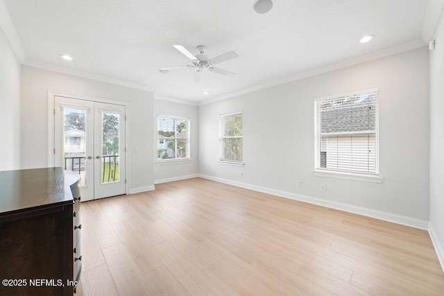 unfurnished living room with baseboards, recessed lighting, french doors, light wood-style floors, and crown molding