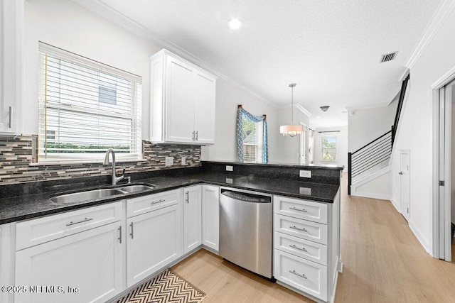 kitchen with a sink, white cabinetry, a peninsula, crown molding, and dishwasher