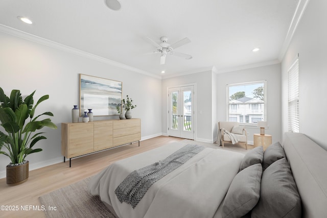 bedroom with baseboards, light wood-style floors, access to exterior, and ornamental molding