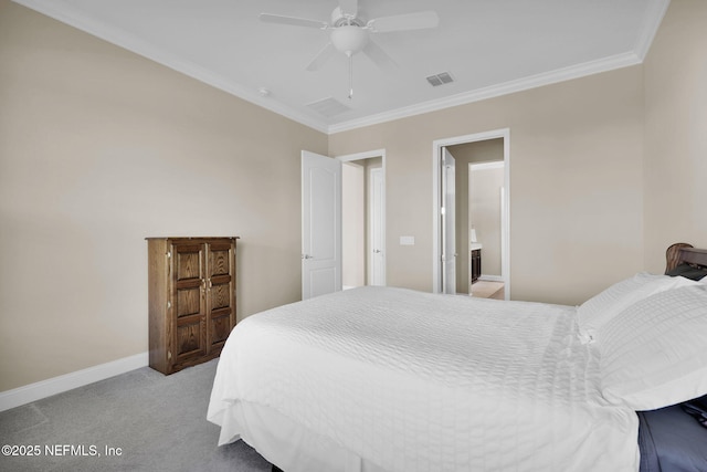 bedroom featuring carpet, baseboards, visible vents, ceiling fan, and ornamental molding