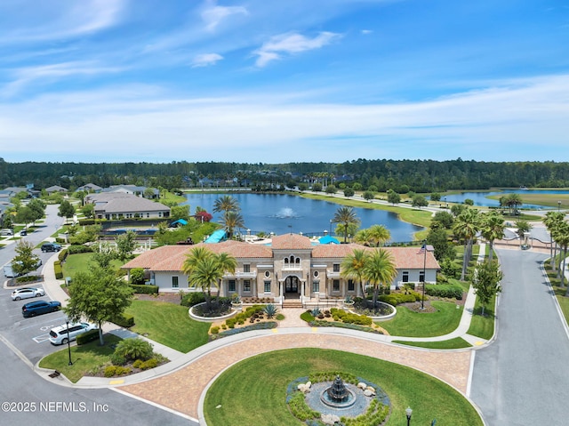 bird's eye view with a water view