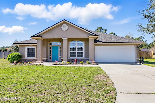 ranch-style home with stucco siding, driveway, and fence