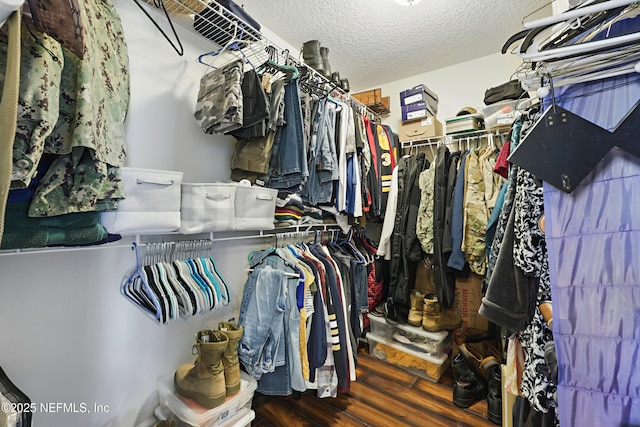 walk in closet with wood finished floors