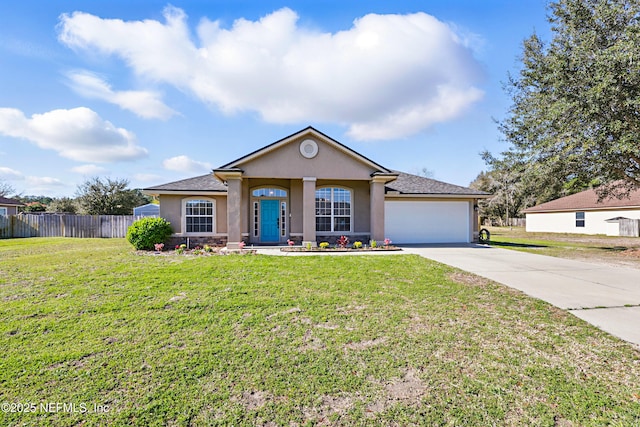 ranch-style house with fence, concrete driveway, a front yard, stucco siding, and an attached garage