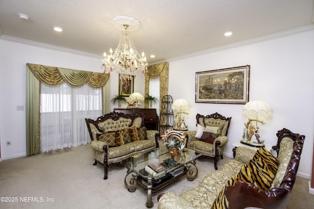 sitting room with crown molding, carpet flooring, recessed lighting, and a chandelier