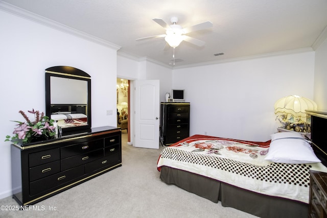 bedroom featuring ceiling fan, light colored carpet, visible vents, and ornamental molding