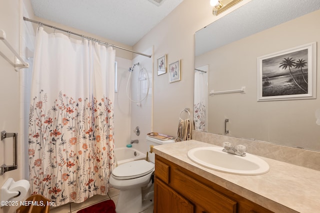 2017 Belhaven Dr, Orange Park, FL 32065 - bathroom featuring tile patterned flooring, toilet, vanity, shower / bath combination with curtain, and a textured ceiling