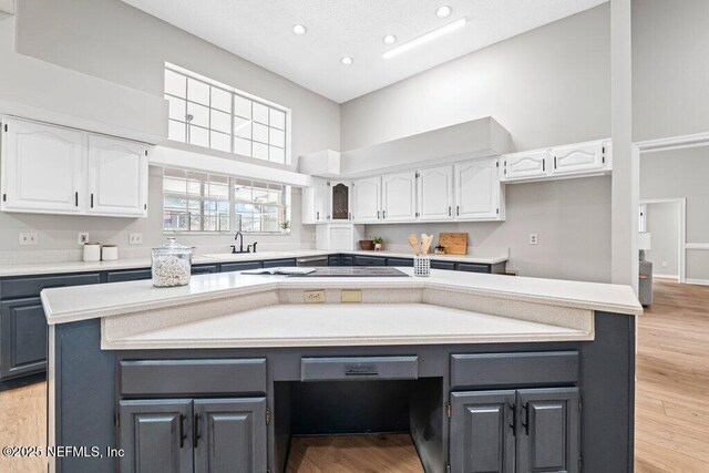 kitchen featuring white cabinets, gray cabinetry, light wood-type flooring, and light countertops