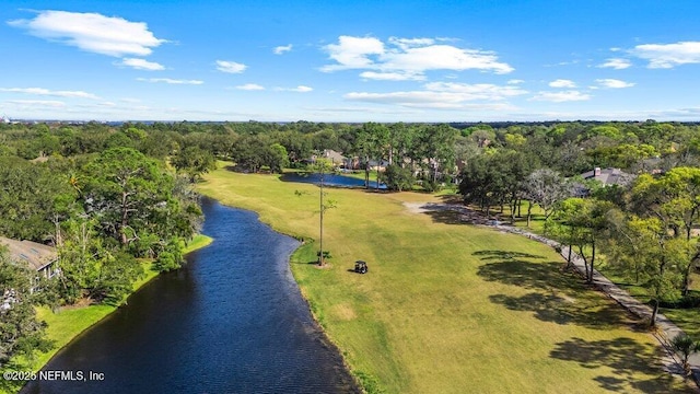 aerial view featuring a forest view and a water view