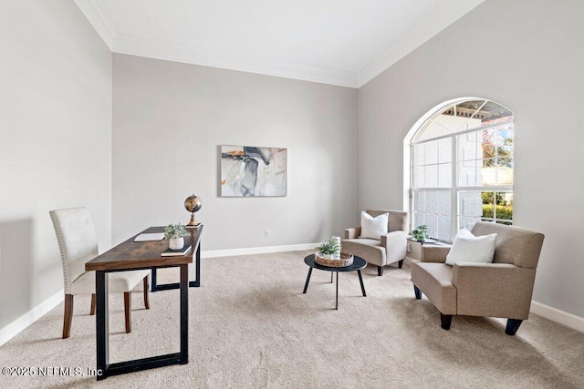 carpeted office with baseboards and ornamental molding