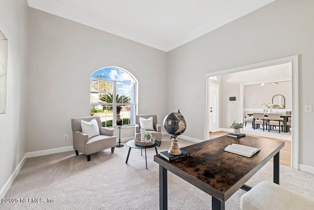 office with ornamental molding, baseboards, and light carpet