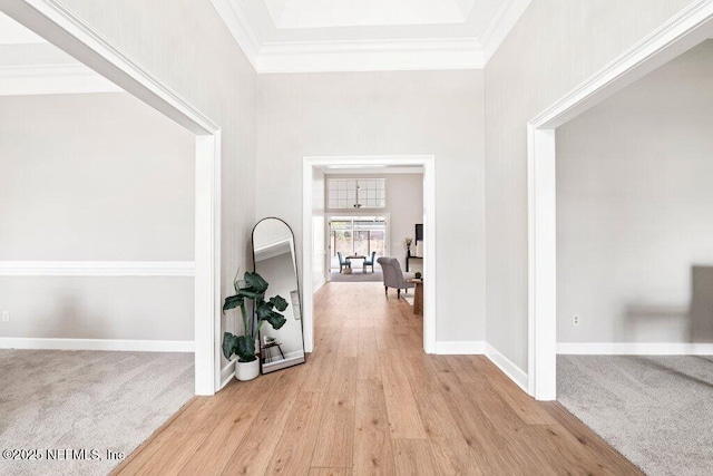 hall featuring light colored carpet, baseboards, crown molding, and light wood-style floors