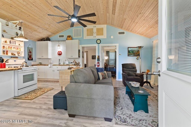 living room featuring visible vents, wood ceiling, and light wood-type flooring