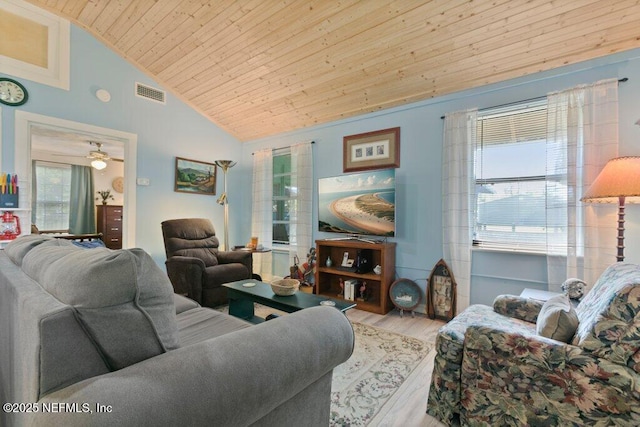 living room featuring visible vents, lofted ceiling, wood ceiling, and wood finished floors