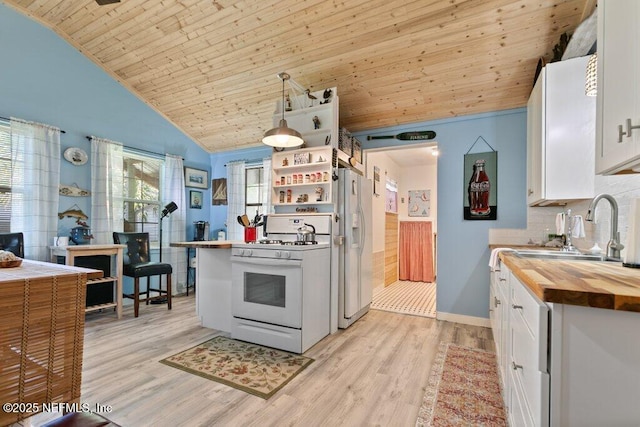 kitchen with white appliances, wooden counters, open shelves, white cabinetry, and wooden ceiling