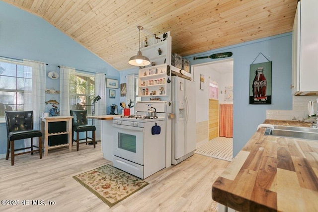 kitchen with light wood-style flooring, white appliances, wooden ceiling, and open shelves