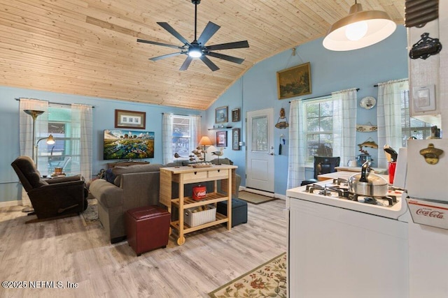 living room with high vaulted ceiling, light wood-style floors, baseboards, wood ceiling, and ceiling fan