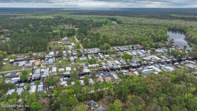 birds eye view of property with a residential view, a forest view, and a water view