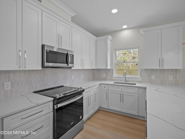 kitchen featuring backsplash, white cabinets, appliances with stainless steel finishes, and a sink