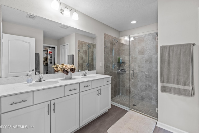 full bath featuring double vanity, a spacious closet, a stall shower, and a sink