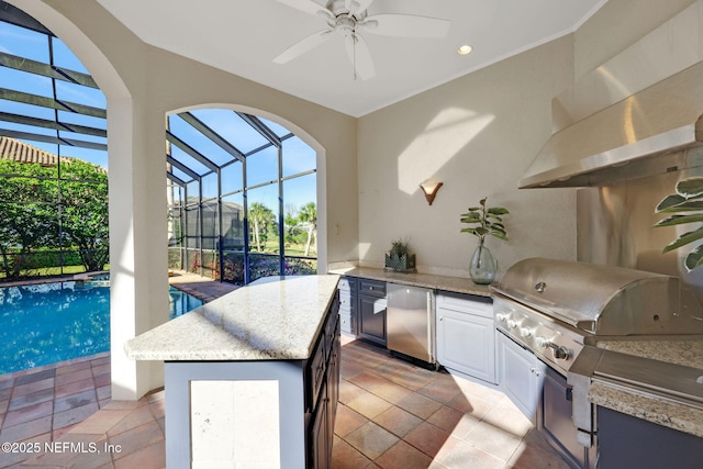 view of patio with a ceiling fan, an outdoor kitchen, grilling area, an outdoor pool, and a lanai