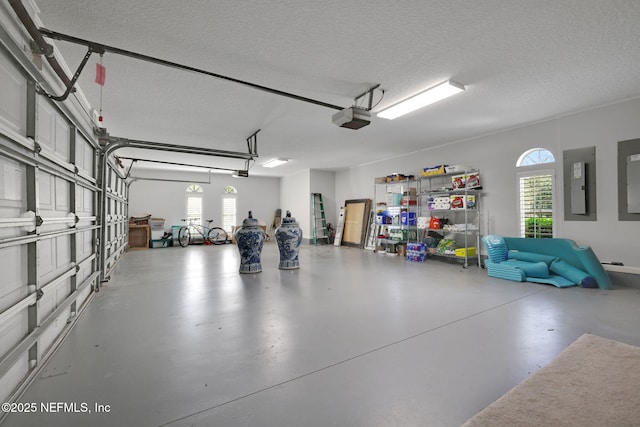 garage with electric panel and a garage door opener