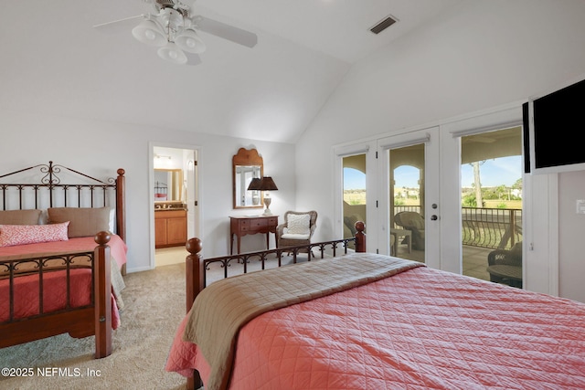 carpeted bedroom featuring visible vents, ensuite bathroom, access to outside, french doors, and lofted ceiling