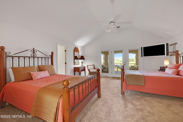 bedroom featuring light carpet, high vaulted ceiling, a ceiling fan, access to outside, and french doors