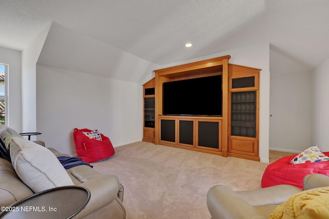 living room with baseboards, carpet, vaulted ceiling, recessed lighting, and a textured ceiling