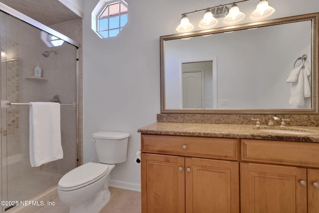 bathroom featuring vanity, toilet, and a shower stall