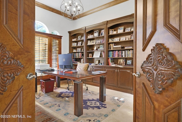 office featuring crown molding and a chandelier