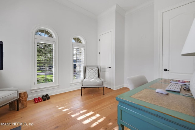 office area with crown molding, baseboards, and light wood-type flooring