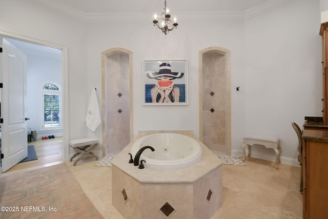 bathroom featuring a notable chandelier, a jetted tub, walk in shower, and ornamental molding