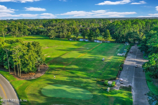 bird's eye view featuring a view of trees and a water view