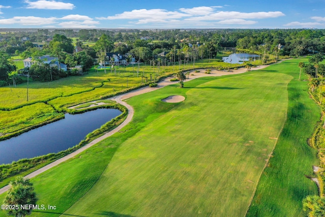 drone / aerial view featuring a water view and golf course view