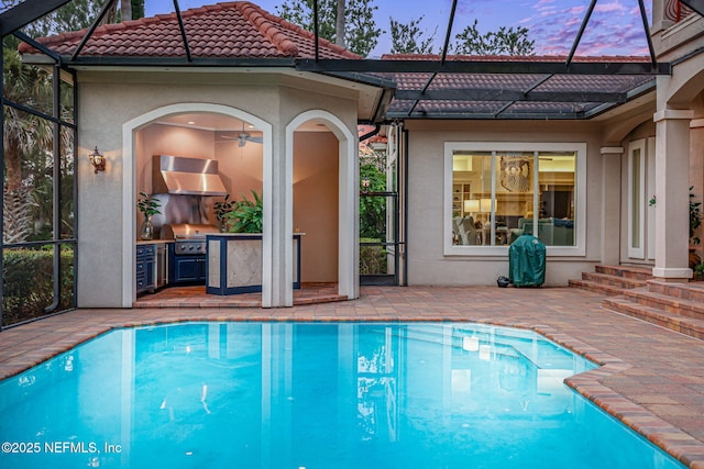 800 Hawks Nest Ct, Ponte Vedra Beach, FL 32082 - swimming pool featuring a patio, glass enclosure, ceiling fan, and area for grilling