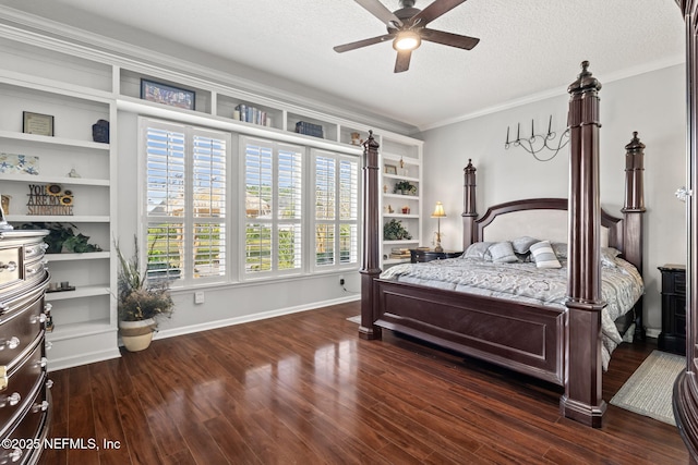 bedroom with ornamental molding, dark wood-style floors, baseboards, and a textured ceiling