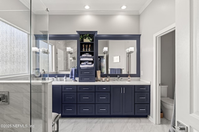 bathroom featuring toilet, a stall shower, ornamental molding, recessed lighting, and vanity