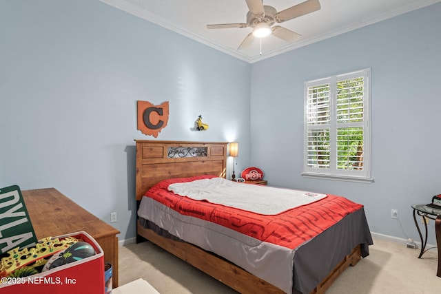 bedroom featuring baseboards, a ceiling fan, carpet, and ornamental molding