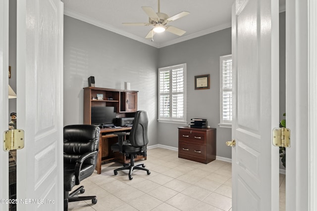 office with light tile patterned floors, baseboards, ornamental molding, and ceiling fan