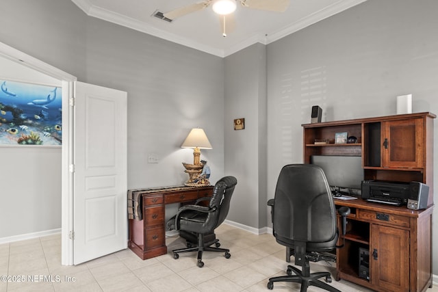 office with visible vents, ornamental molding, light tile patterned flooring, baseboards, and ceiling fan