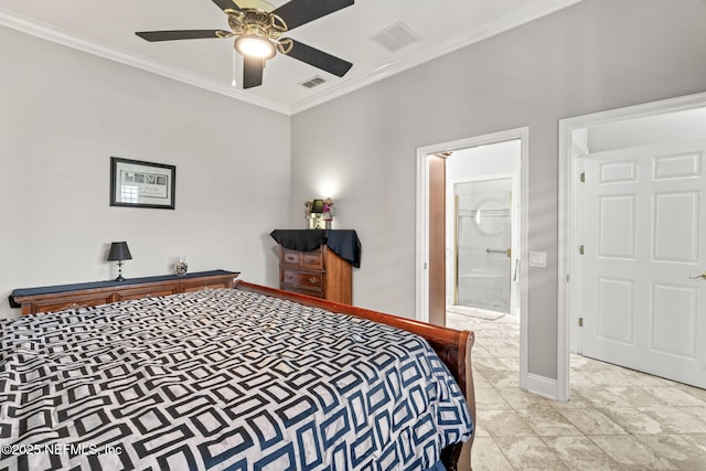 bedroom with connected bathroom, visible vents, ornamental molding, and a ceiling fan