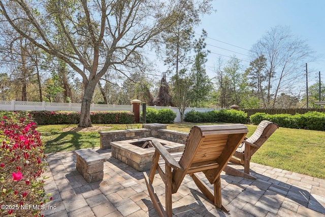 view of patio featuring a fire pit and a fenced backyard