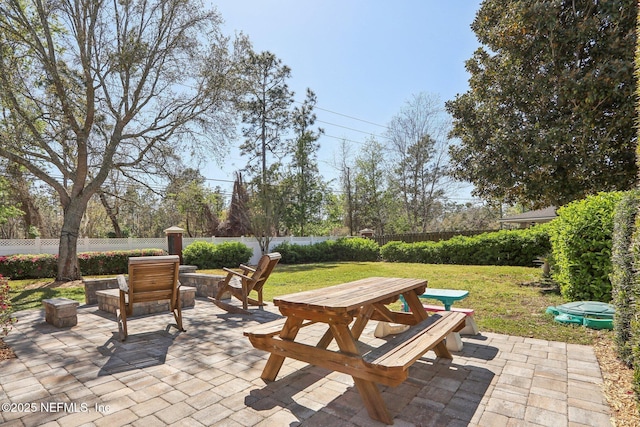 view of patio with outdoor dining area and a fenced backyard