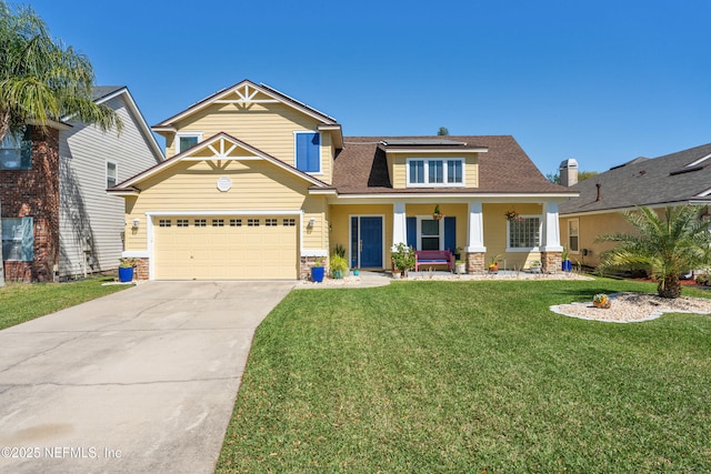 craftsman house with driveway, covered porch, a front lawn, stone siding, and a garage